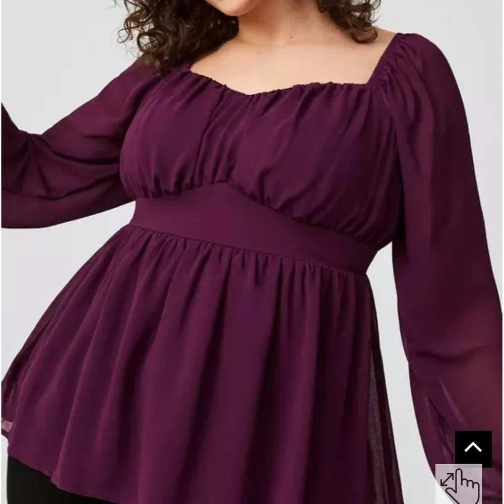 Torrid Plum Purple Chiffon Babydoll Top Sheer Long Sleeve Smocked Back Size 0/L